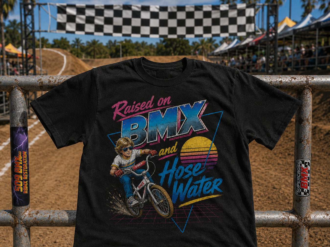 A black graphic t-shirt featuring a colorful retro design with the text 'Raised on BMX and Hose Water' and an illustration of a BMX rider, displayed on a metal fence at an outdoor dirt track event.